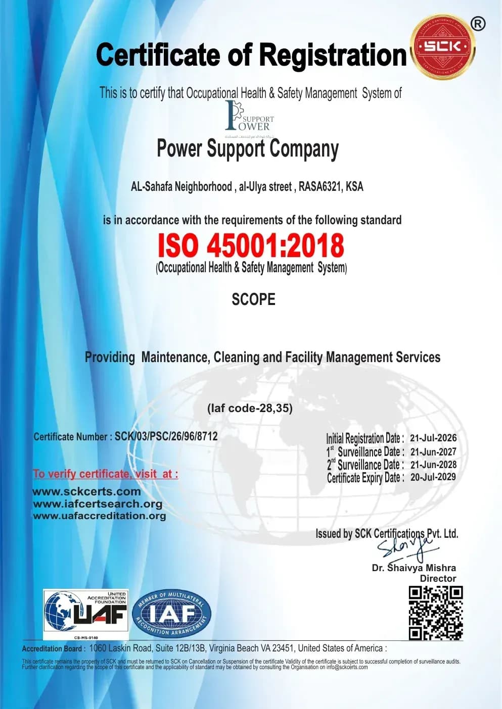 ISO 45001:2018 certificate